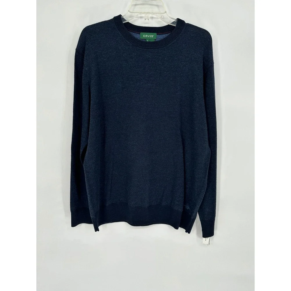 Orvis‎ Mens Navy Blue Merino Wool Cotton Blend Crewneck Sweater Large